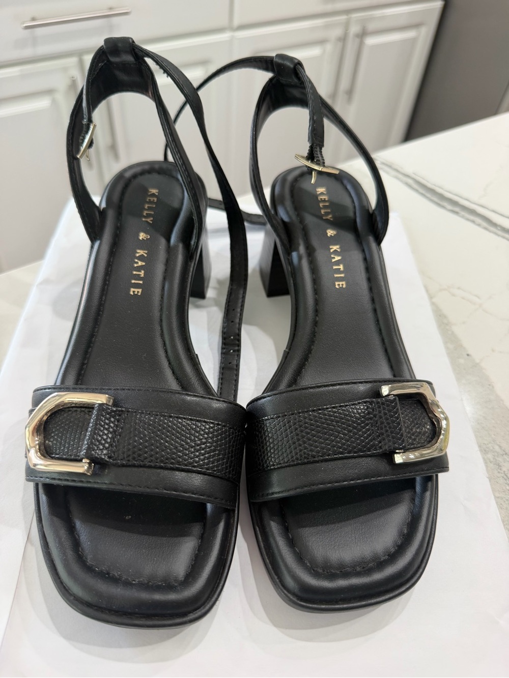 Kelly & Katie Black Buckle Block Heel Sandals